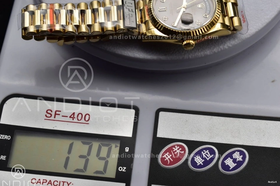 Square Dial 36 DayDate 904L vr3255 Steel V5 President Grey with QF Diamond Bracelet Best on Weight) Edition (Gain YG 0214